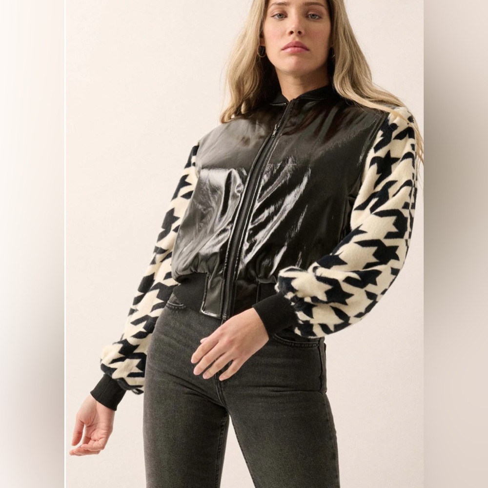 NWT Promesa Mod World Houndstooth and Patent Bomber Jacket - Size Small